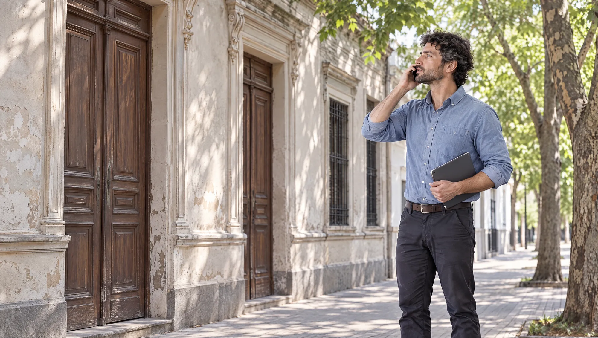 El Arquitecto de Estudio TREO habla por celular en la vereda, frente a la fachada de una casa antigua que se va a demoler, con la tablet bajo el brazo