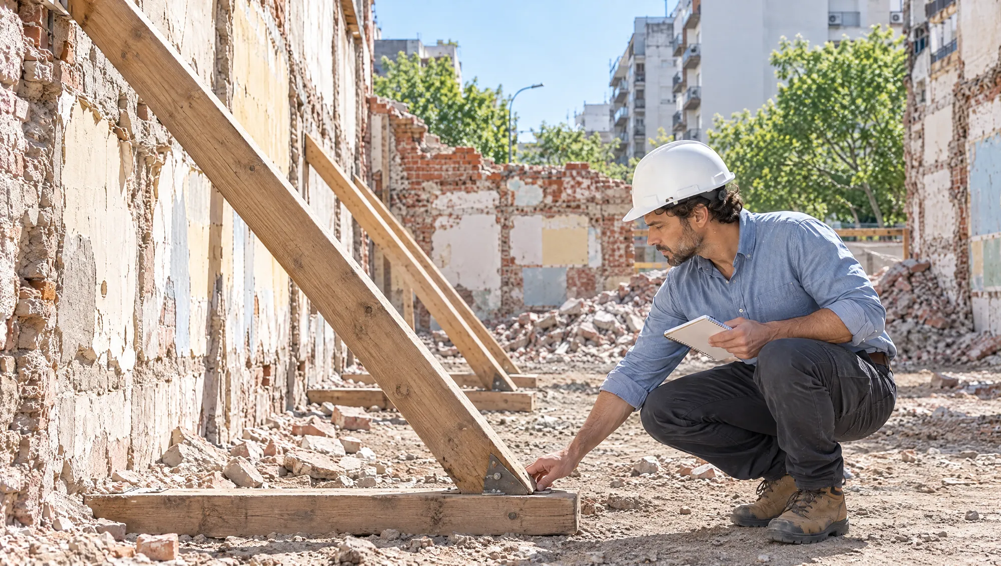 El Arquitecto de Estudio TREO, con casco y agachado, revisa el apoyo de un puntal de madera que apuntala la medianera del vecino en una demolición en curso