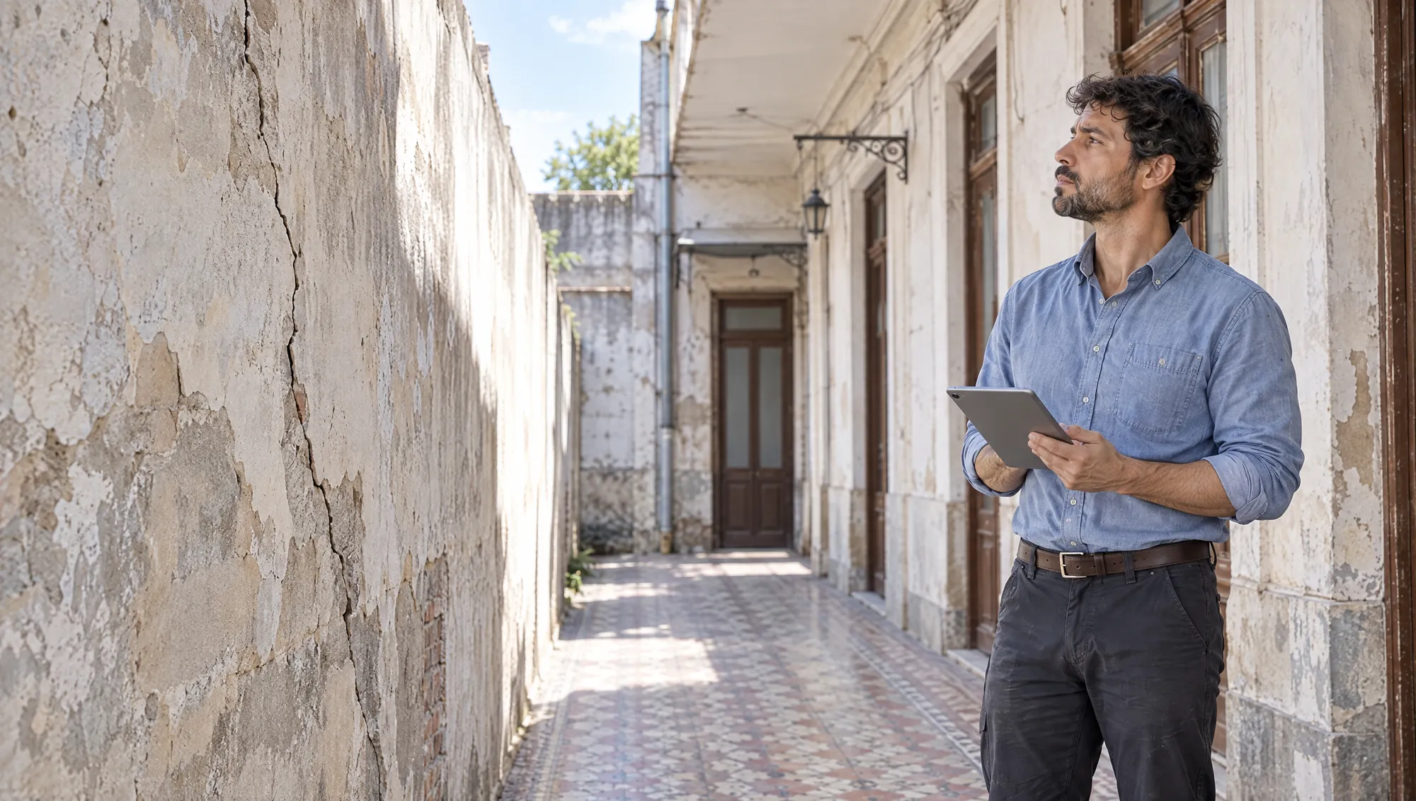 El Arquitecto de Estudio TREO mira la grieta de la medianera del vecino desde el patio de una casa chorizo que se va a demoler, con la tablet en la mano