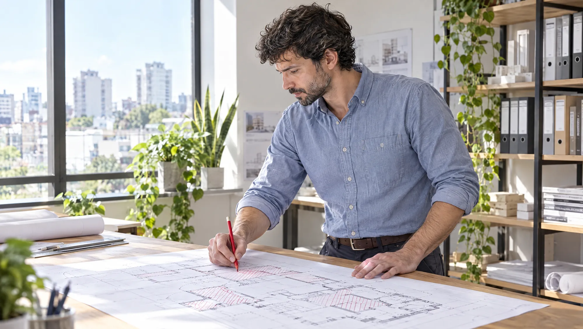 El Arquitecto de Estudio TREO, de pie en la mesa de trabajo de la oficina, marca con un lápiz rojo un plano de demolición con los sectores rayados