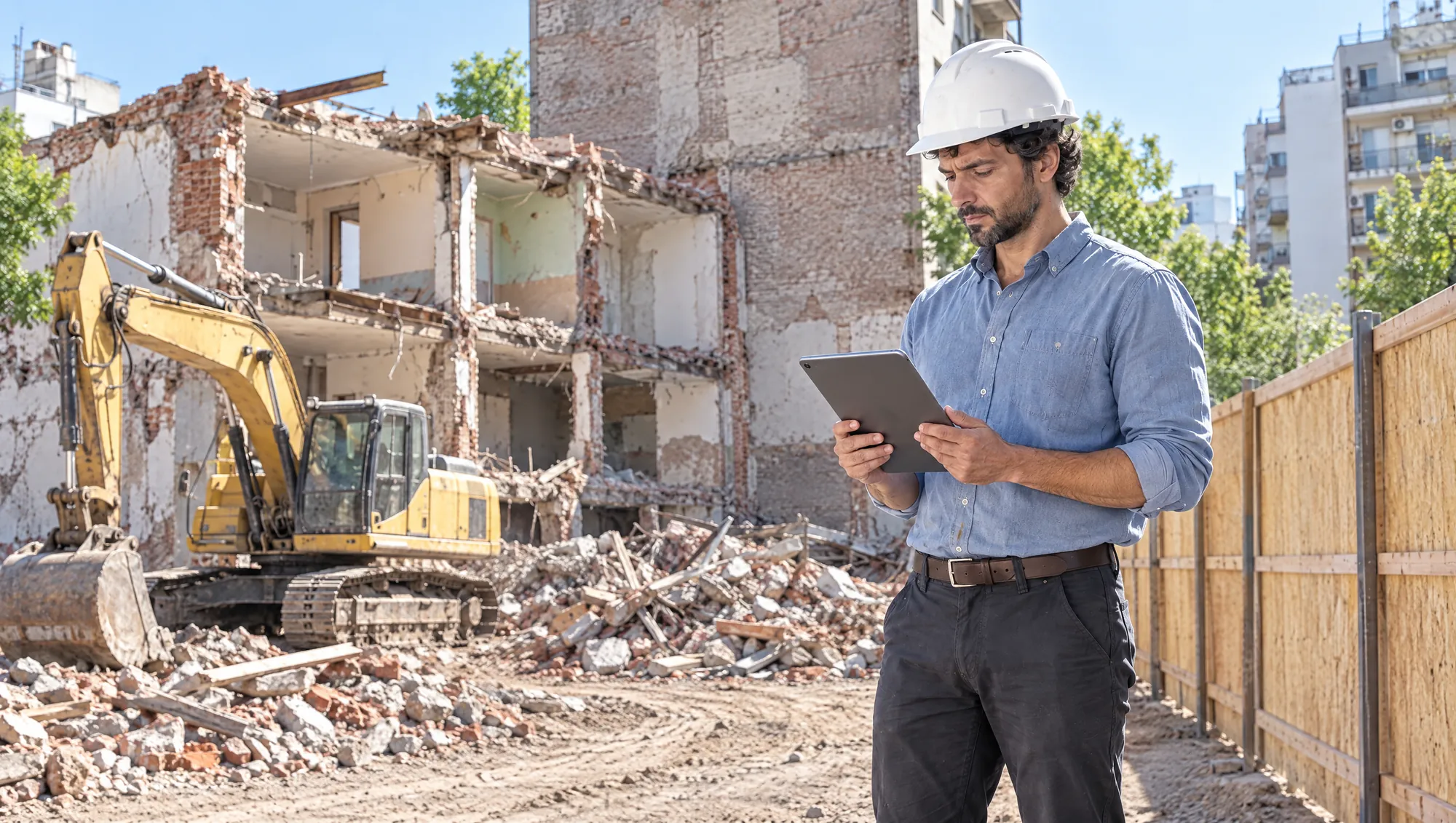 El Arquitecto de Estudio TREO, con casco, revisa documentación en su tablet junto a la valla de una demolición en curso, con la retroexcavadora detenida y los escombros detrás
