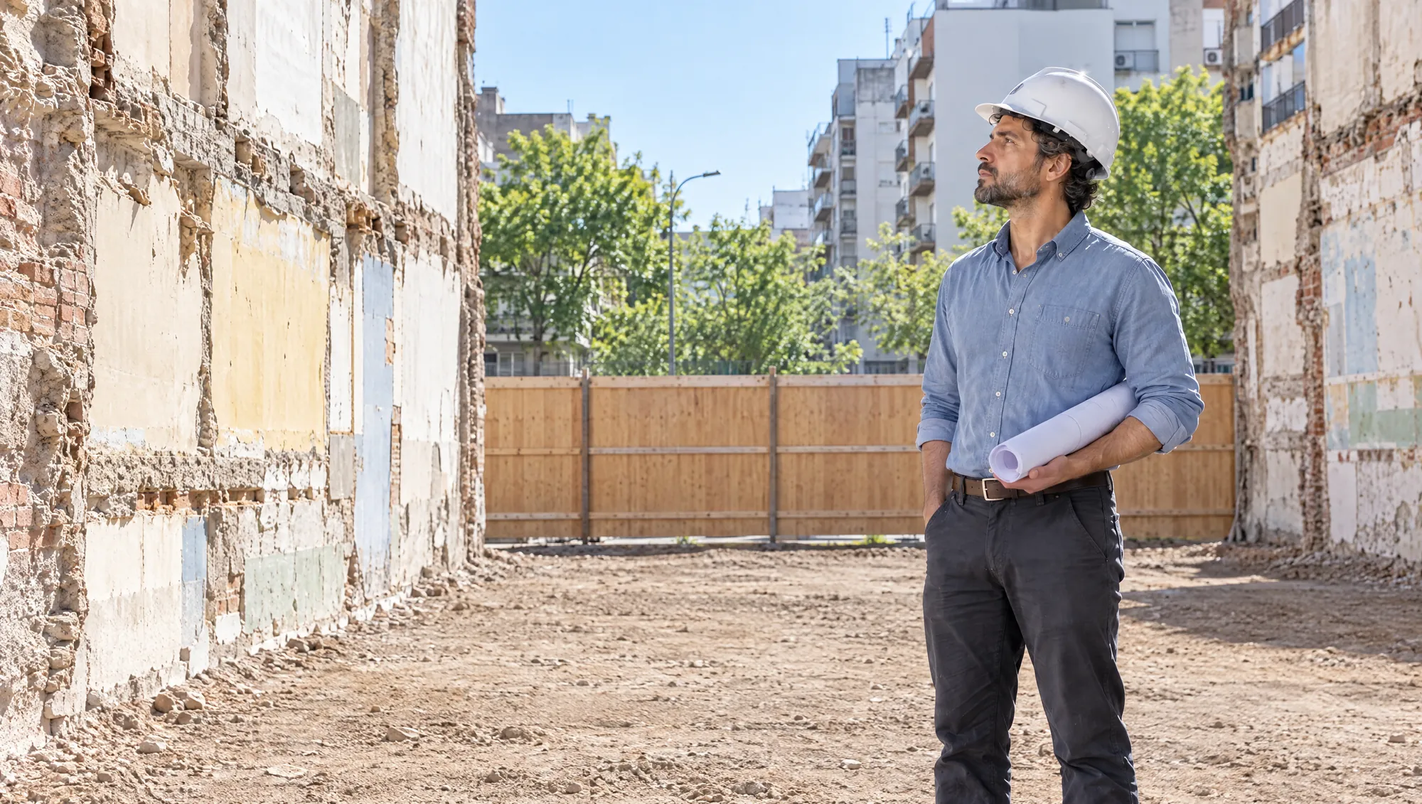 El Arquitecto de Estudio TREO, con casco y un plano enrollado bajo el brazo, mira la medianera expuesta del edificio vecino en un terreno recién demolido