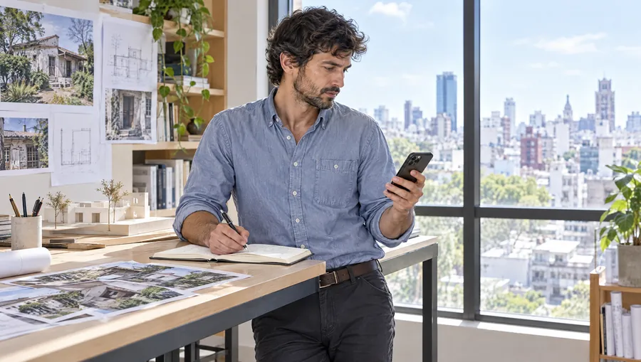 El Arquitecto de Estudio TREO mira en su celular las fotos de una casa a demoler que le mandó un cliente y anota en un cuaderno, de pie en la oficina