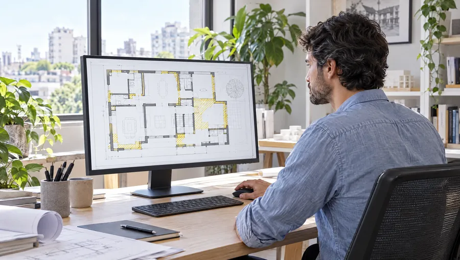 El Arquitecto de Estudio TREO dibuja en CAD el plano de demolición de una casa, con los sectores a demoler marcados, en el monitor de su escritorio